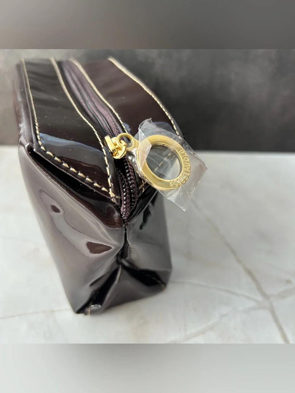 Estee Lauder Glossy Dark Brown Patent Cosmetic Pouch